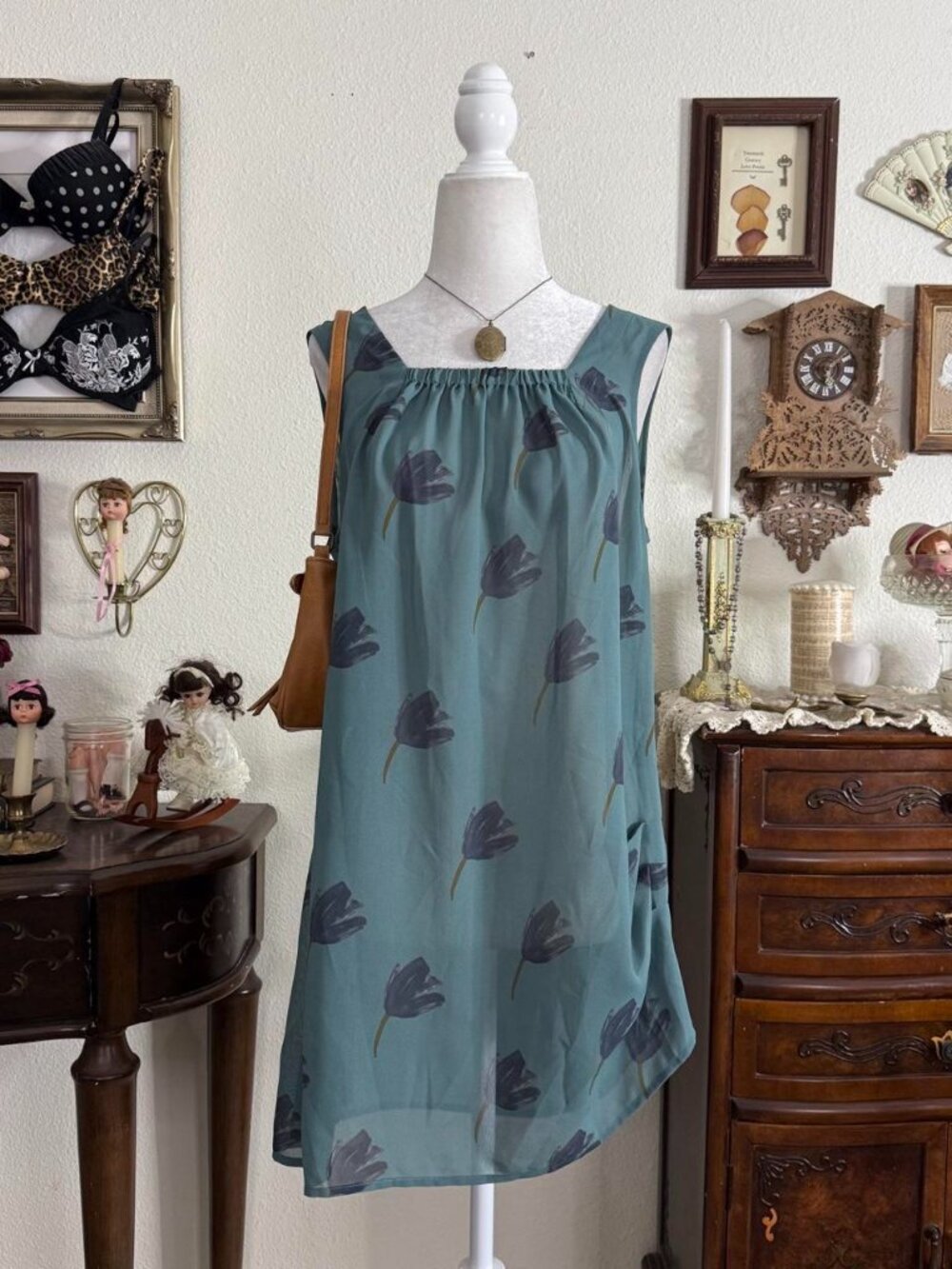 Preppy quirky floral print sheer square neck tunic blouse w asymmetrical hemline